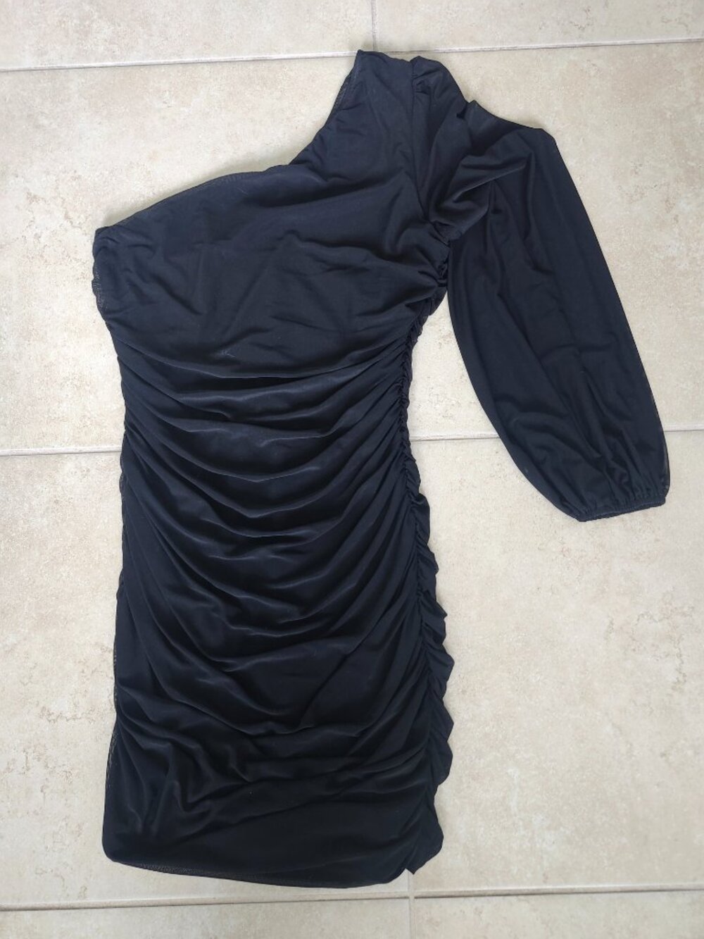 Anrabess Black One Shoulder Ruched Bodycon Mini Dress Size Large